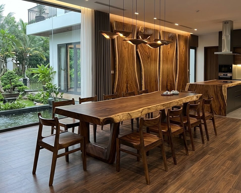 Bộ Bàn Gỗ Me Tây Nguyên Khối Dáng Dài Cho Không Gian Mở Kèm Ghế Tựa
