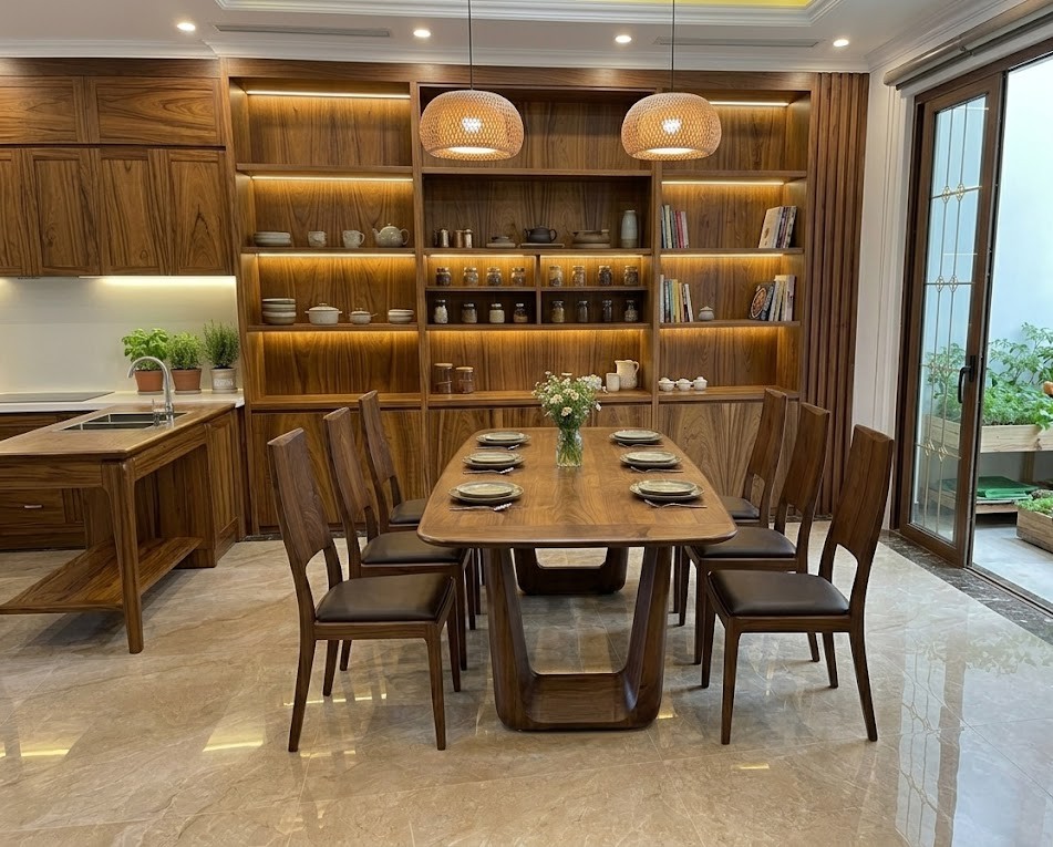 Bộ Bàn Ăn Gỗ Tự Nhiên Nguyên Khối Cạnh Vuông Bo Góc Phối Ghế Da