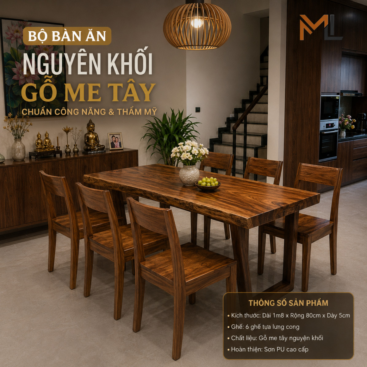 Bộ Bàn Ăn Gỗ Me Tây Nguyên Khối Cạnh Tự Nhiên Phủ Bóng Cao Cấp